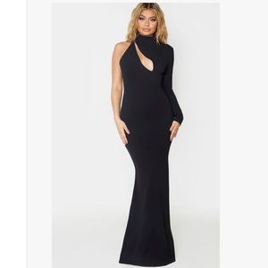 Black Asymmetric Cut Out High Neck Maxi Dress